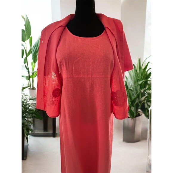 Vintage K-Studio 2 Piece Maxi Dress & Jacket Set Linen Embroidered Coral Pink Lg - Picture 5 of 16